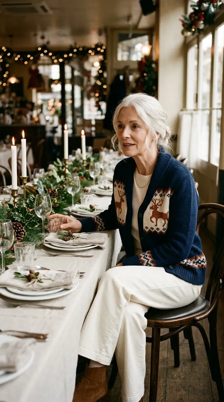 Woman over 50 in intarsia reindeer cardigan, cream trousers and brown boots at a festive lunch
