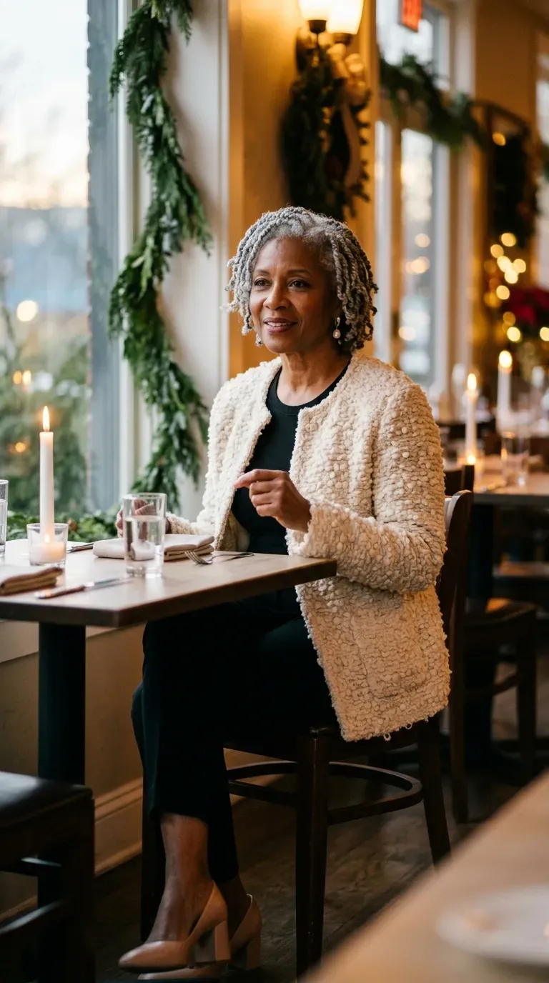 Woman over 50 in ivory bouclé jacket and black trousers at a restaurant table