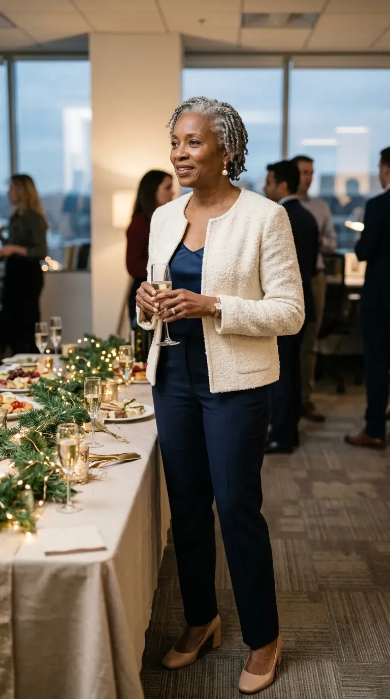 Woman over 50 in ivory bouclé jacket and navy trousers at an office party