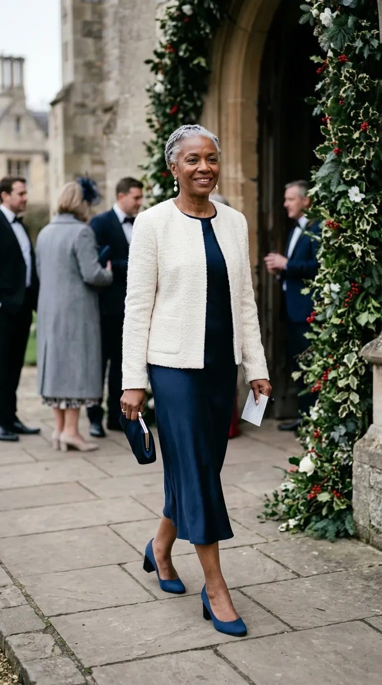 Woman over 50 in ivory bouclé jacket, navy silk dress and navy satin heels at a winter wedding