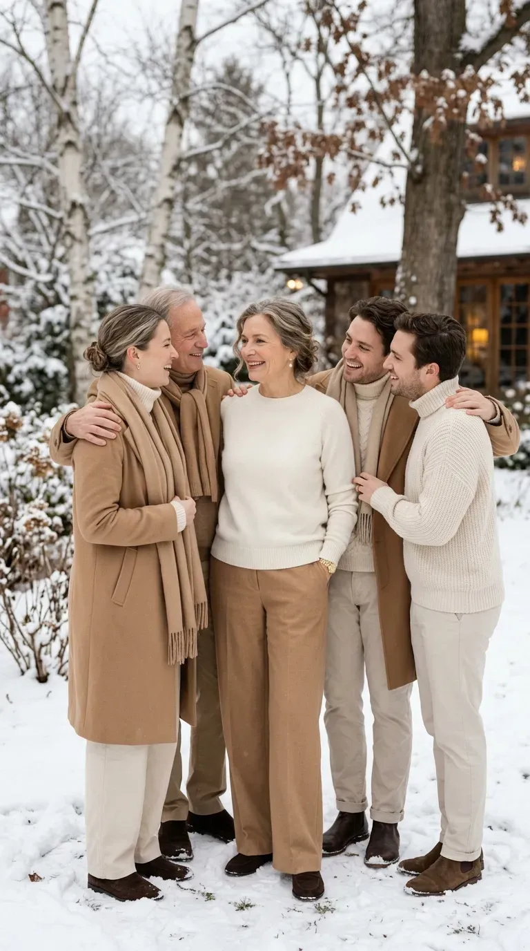Woman over 50 in ivory knit and camel coat for a coordinated Christmas family photo