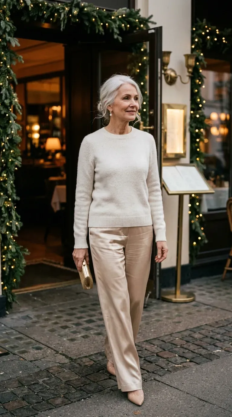 Woman over 50 in ivory cashmere sweater and champagne satin wide-leg trousers at a date dinner