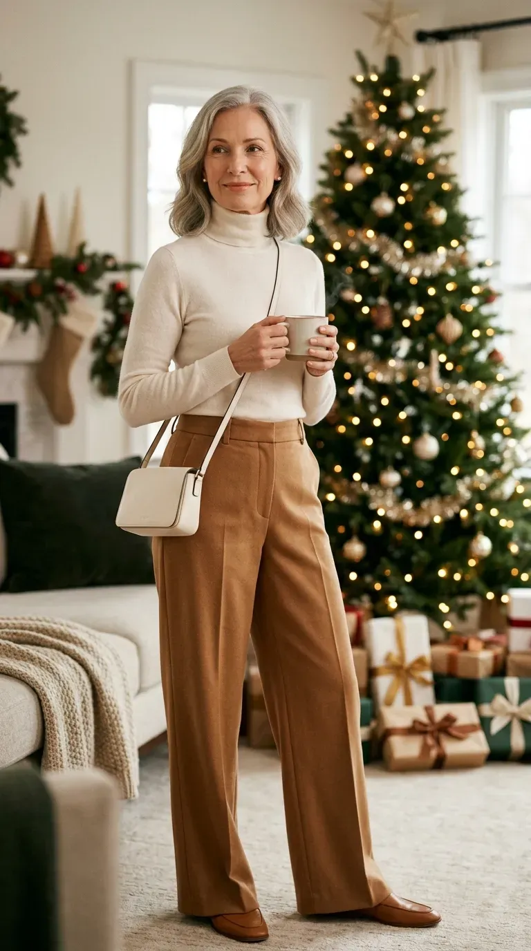 Woman over 50 in ivory cashmere turtleneck and wide-leg caramel trousers on Christmas morning
