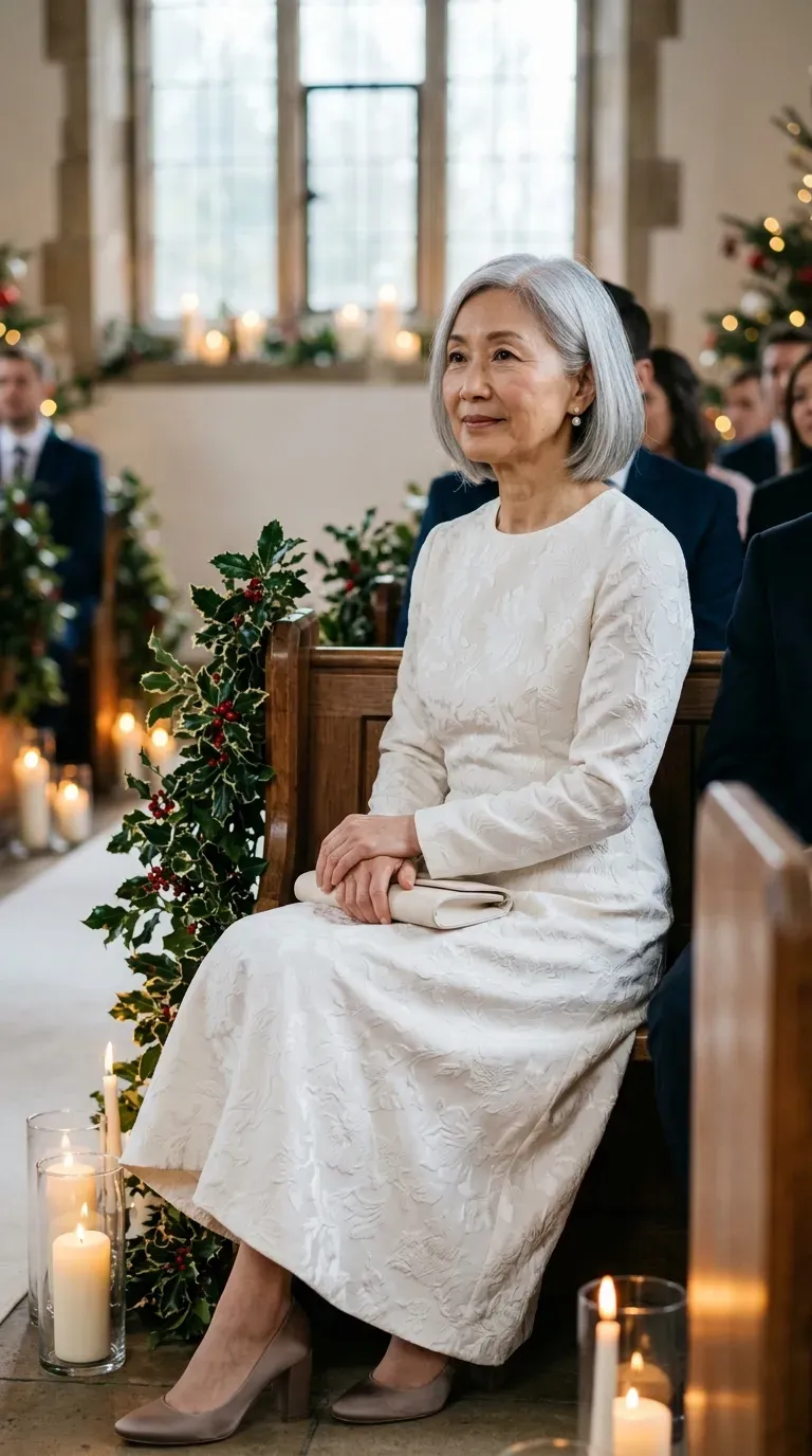 Woman over 50 in ivory jacquard midi dress and taupe satin heels at a Christmas wedding