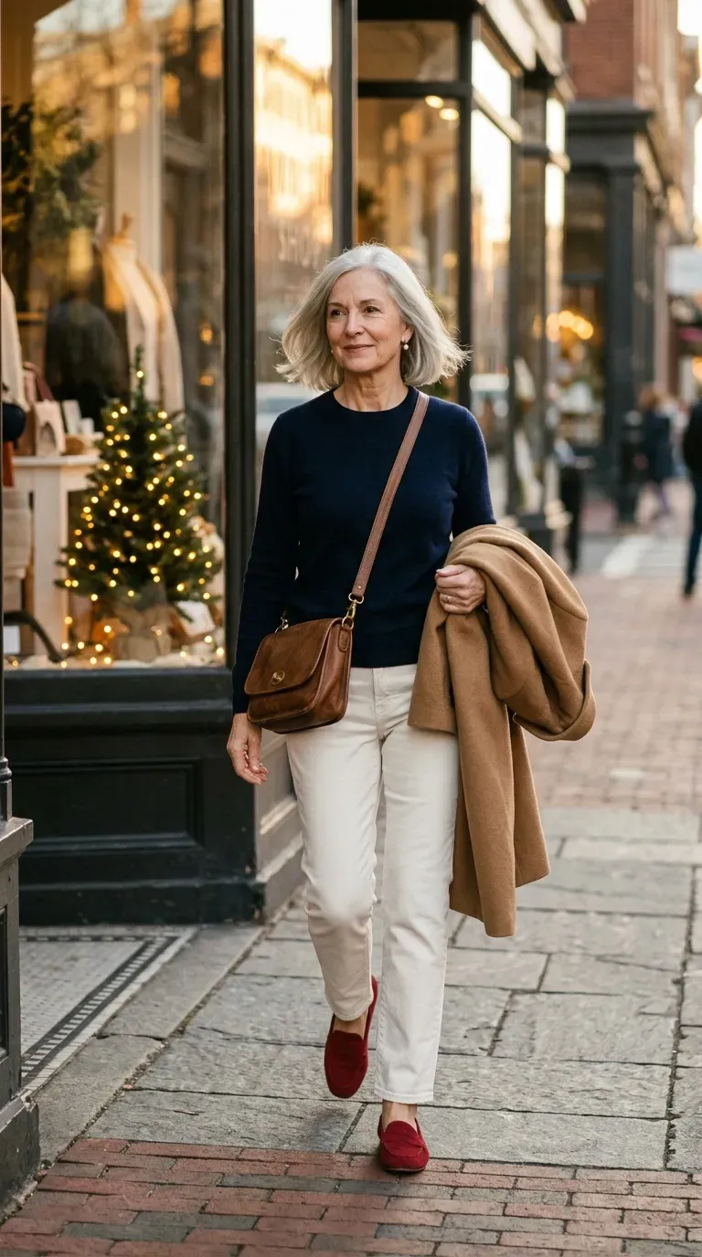 Woman over 50 in ivory jeans, navy cashmere sweater and red loafers on a winter sidewalk