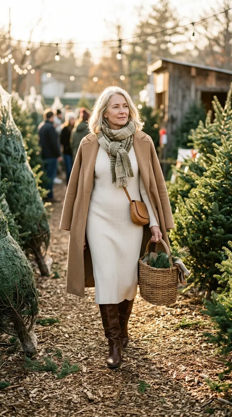 White woman in an ivory knit dress and tall brown boots walking through a Christmas tree lot