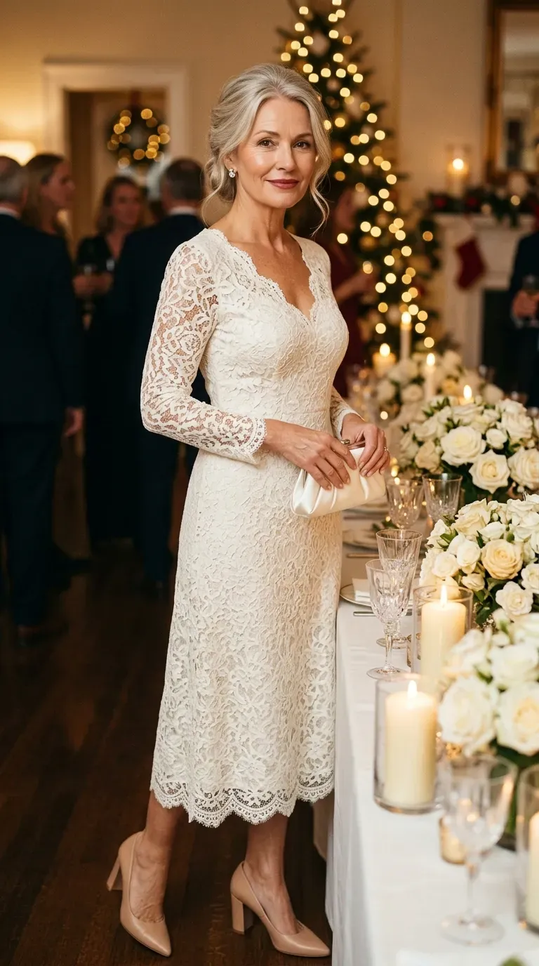 Woman over 50 in ivory lace midi dress and nude block heels at an elegant Christmas celebration