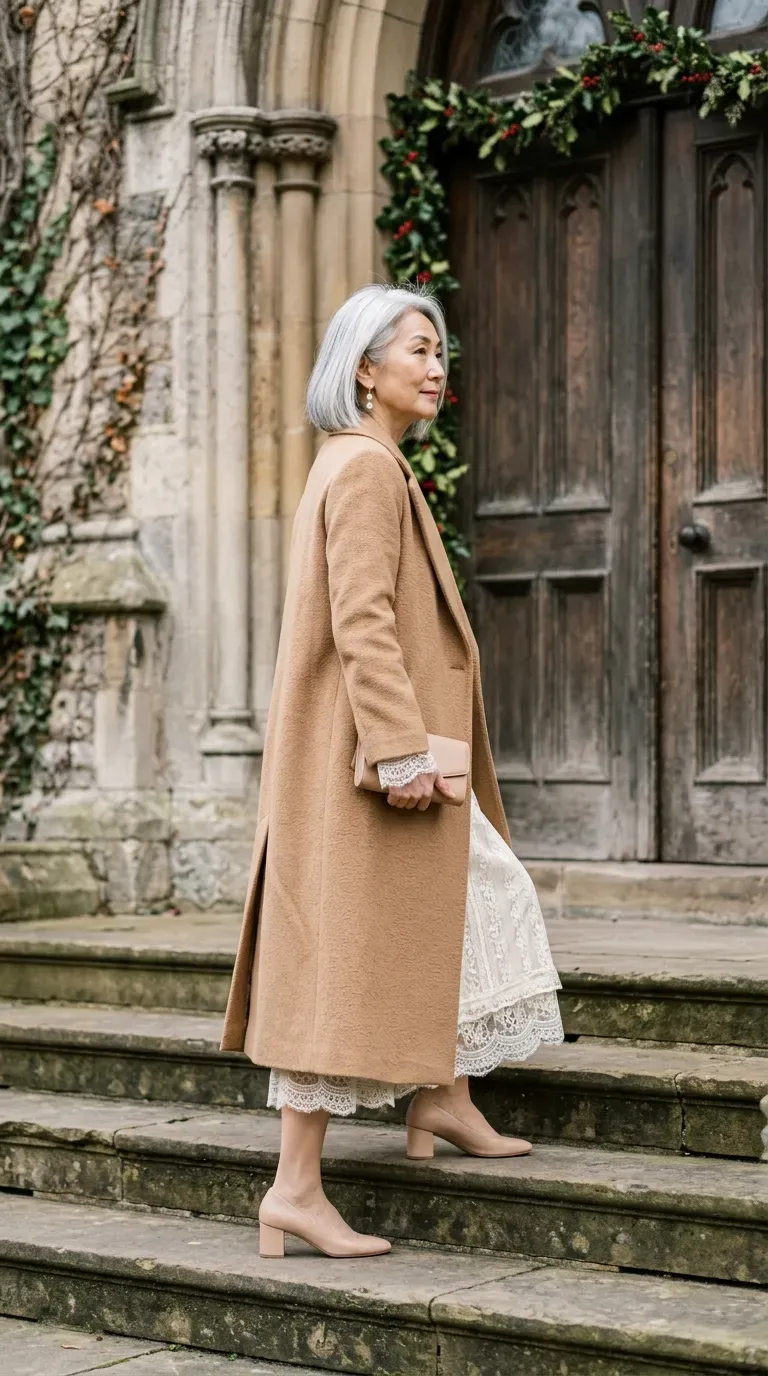Woman over 50 in ivory lace midi dress and camel coat arriving at a Christmas wedding