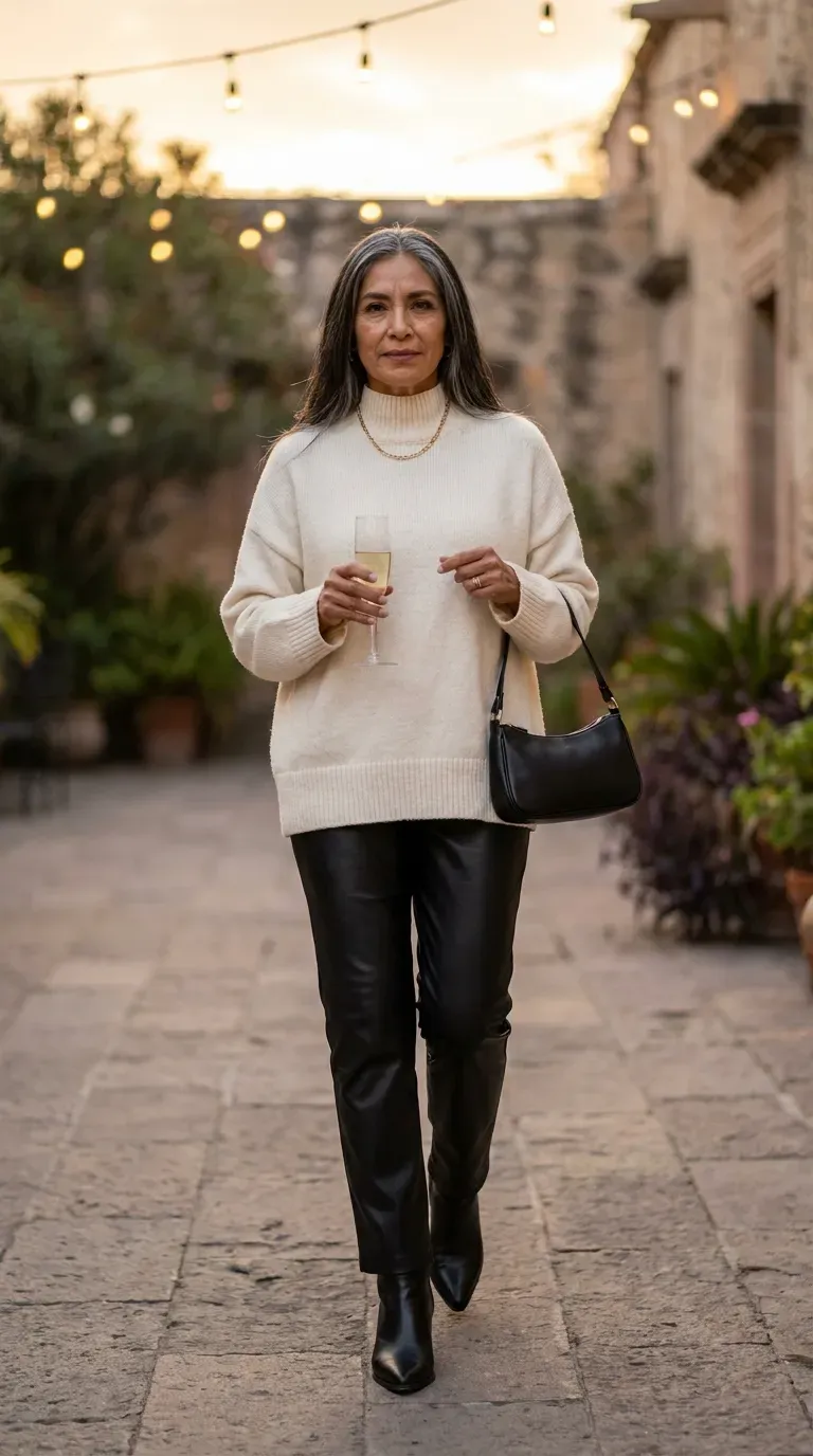 Latina woman in an ivory sweater and black faux leather trousers in a softly lit courtyard