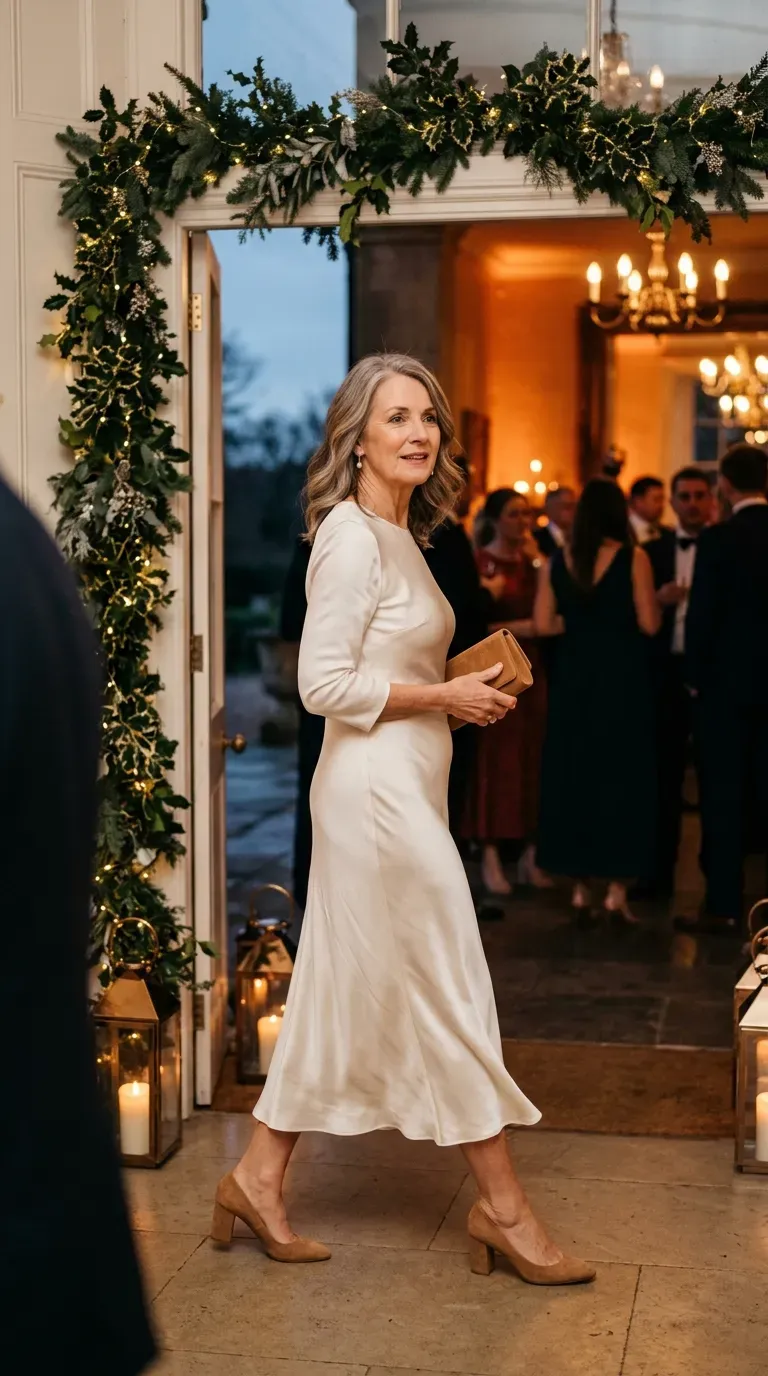 Woman over 50 in ivory satin bias-cut dress and camel block heels at a Christmas wedding