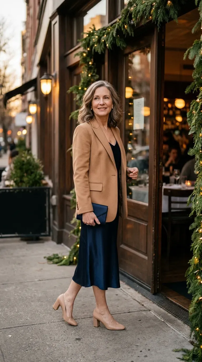 Woman over 50 in ivory silk blouse, black velvet midi skirt and pointed flats at a date dinner