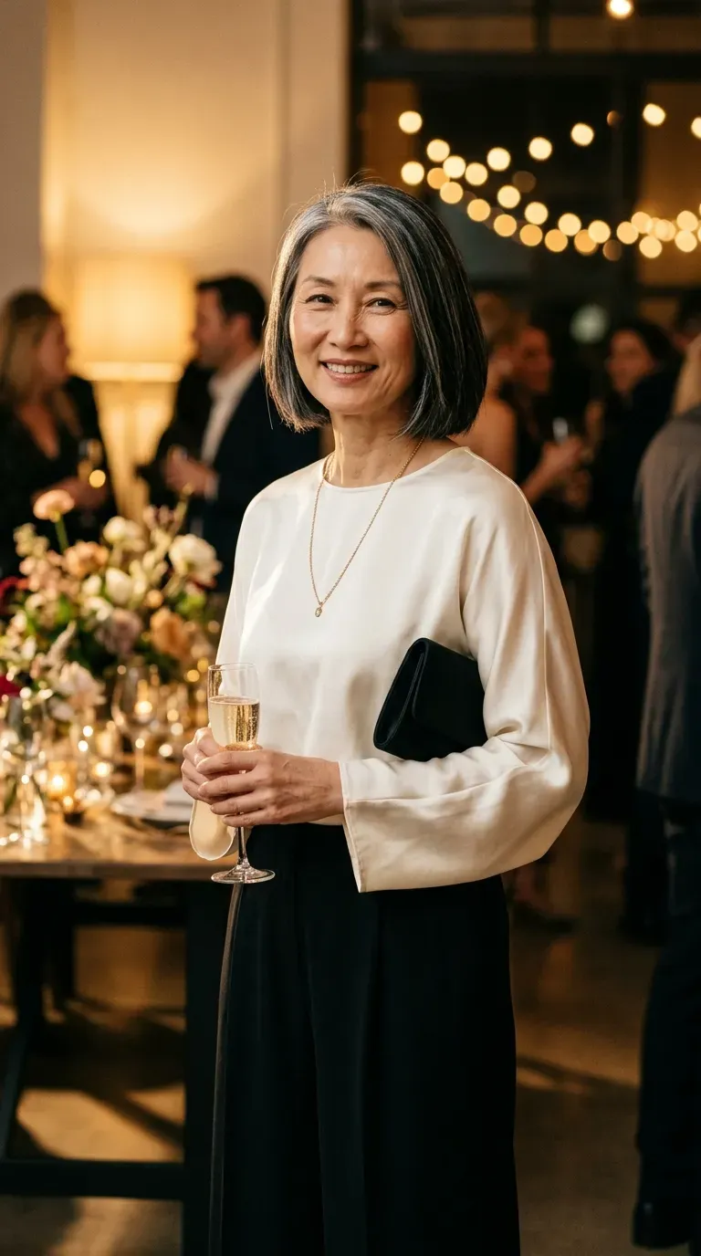 Woman over 50 in ivory silk blouse, black wide-leg trousers and velvet boots at a party