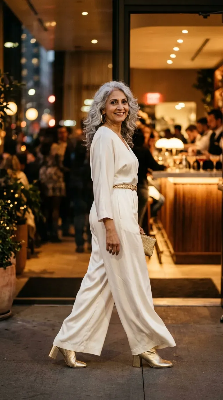 Woman over 50 in ivory silk jumpsuit and gold belt at a girls night out celebration