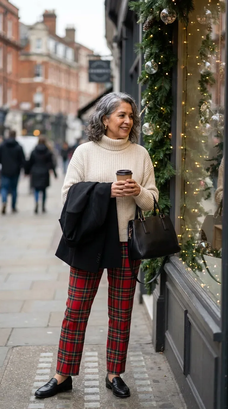Latina woman in an ivory turtleneck and red tartan trousers beside a decorated shop window
