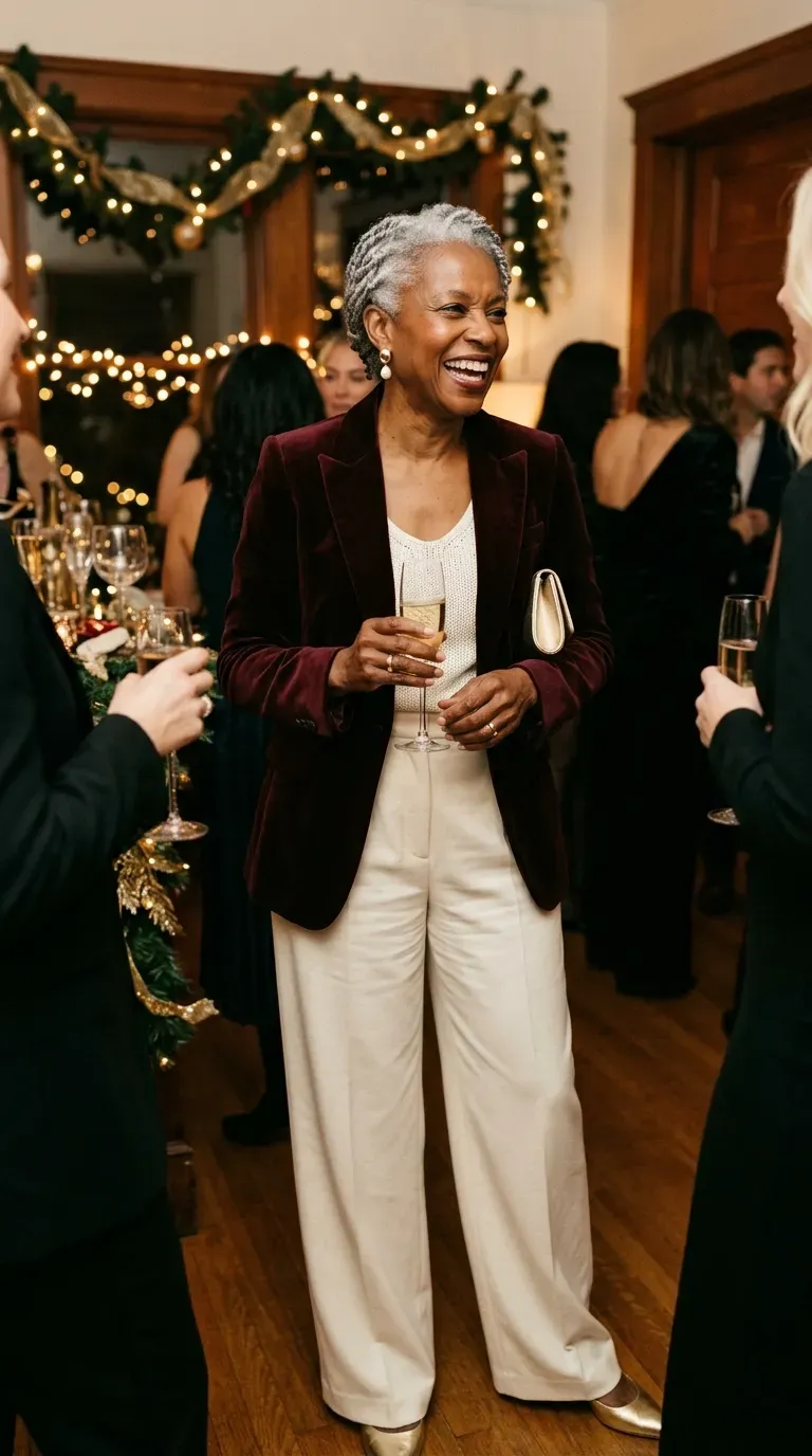 Woman over 50 in ivory wide-leg trousers, burgundy blazer and gold flats at a party