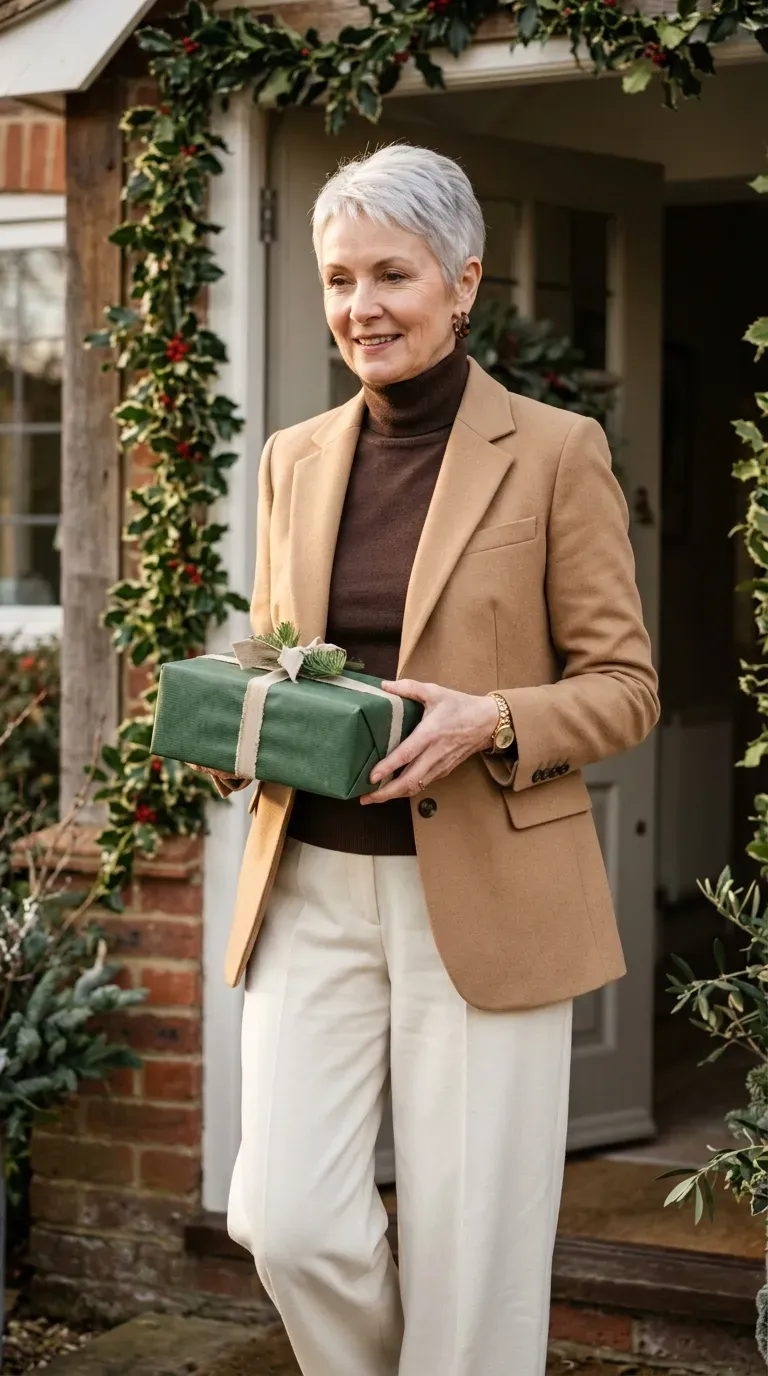 Woman over 50 in ivory wide-leg trousers, chocolate turtleneck and camel blazer at a Christmas family gathering