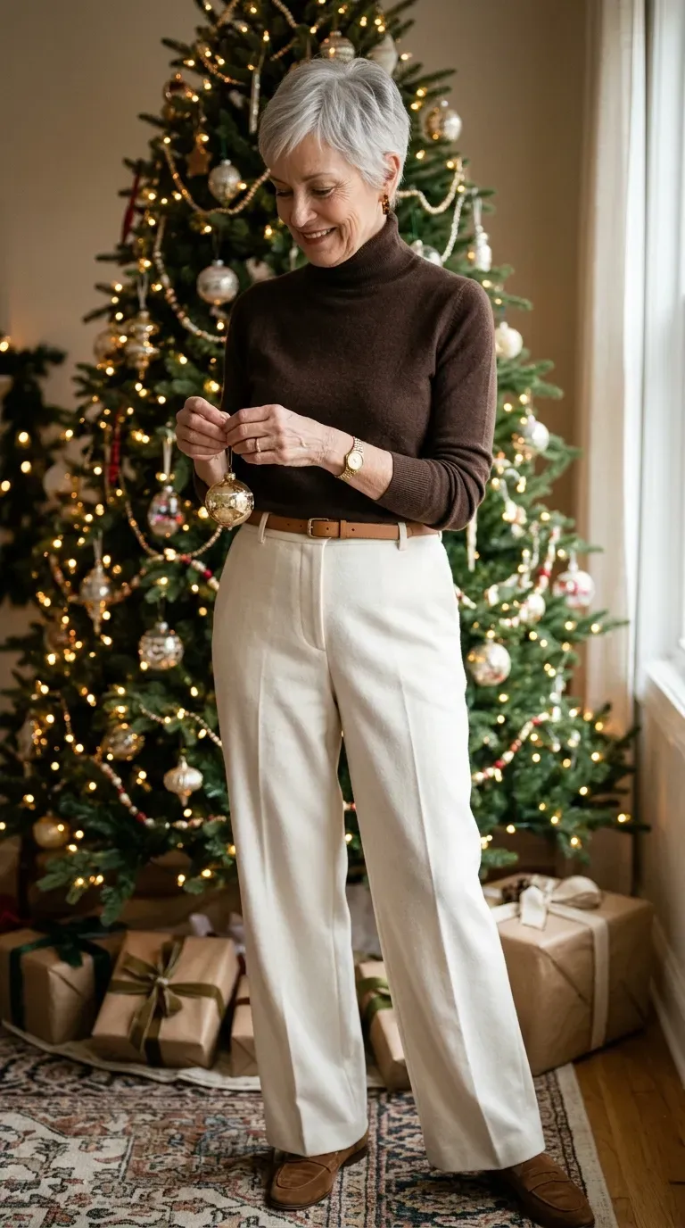 Woman over 50 in ivory wide-leg trousers and chocolate turtleneck beside a Christmas tree