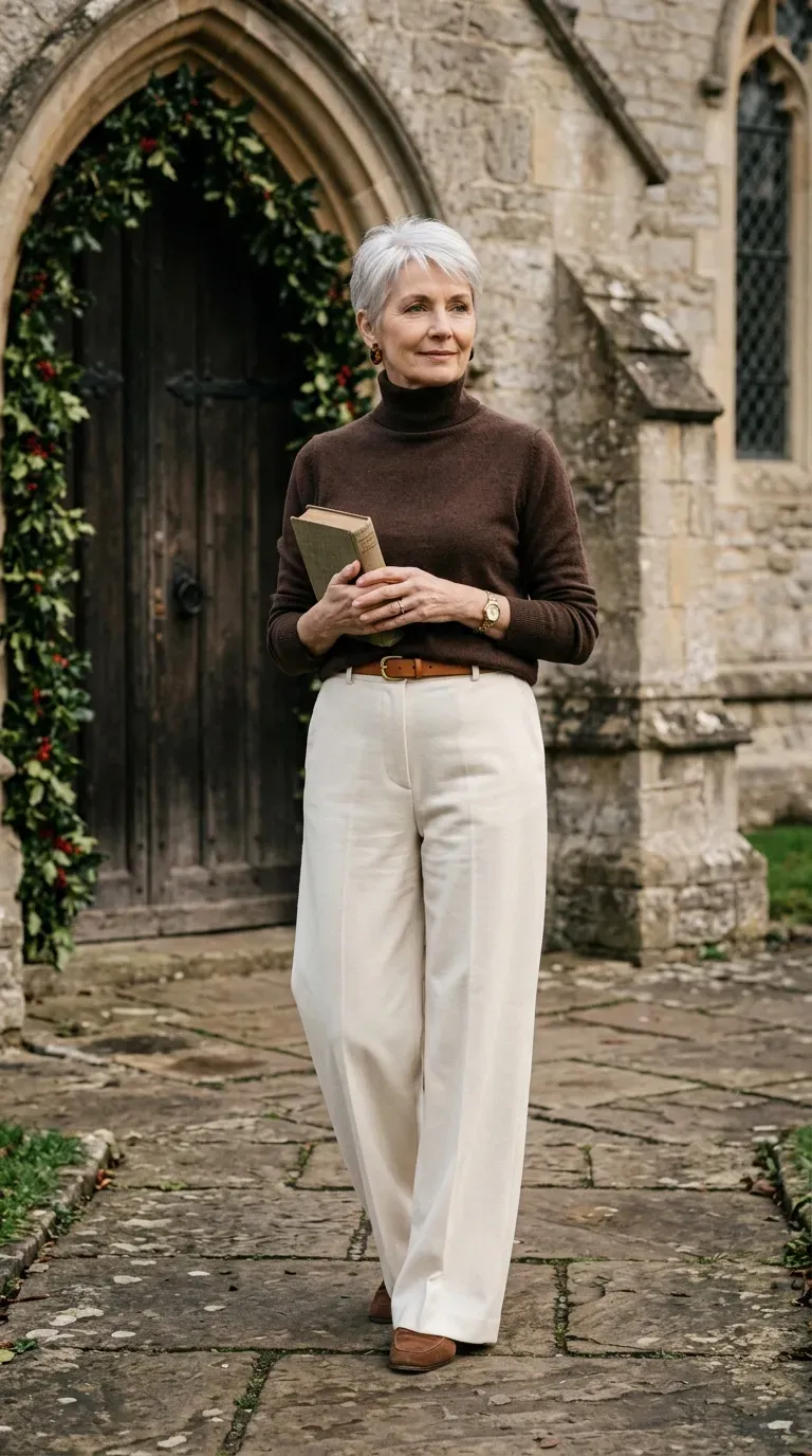 Woman over 50 in ivory wide-leg trousers and chocolate turtleneck outside a stone church