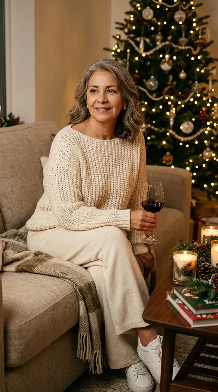 Woman over 50 in cream knit co-ord and white sneakers