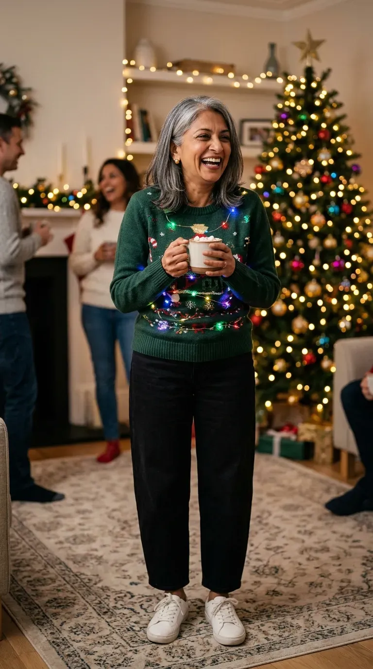 Woman over 50 in LED Christmas sweater, black barrel jeans and white sneakers at a festive party