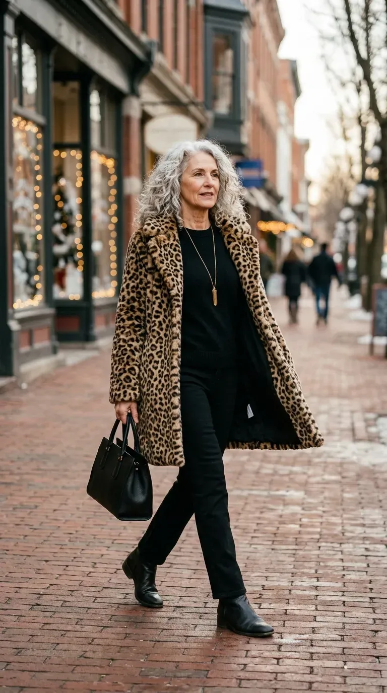 Woman over 50 in leopard coat, black jeans and black ankle boots for a Christmas card photo