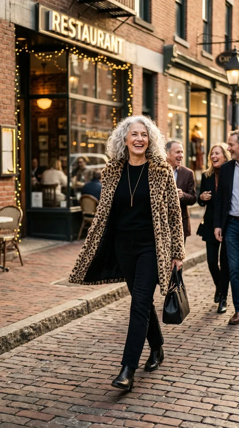 Woman over 50 in leopard faux-fur coat, black knit and black jeans on a girls night out