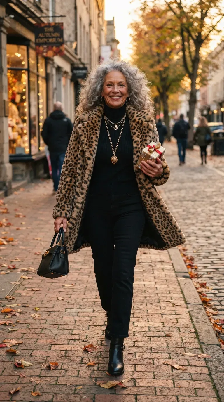 Woman over 50 in leopard faux-fur coat, black knit and black jeans on a brick street