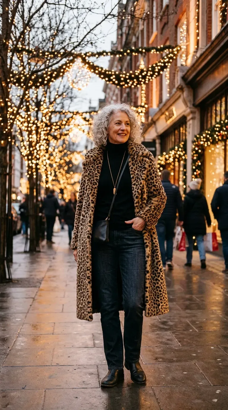 Woman over 50 in leopard faux-fur coat, black knit and flat boots at Christmas lights