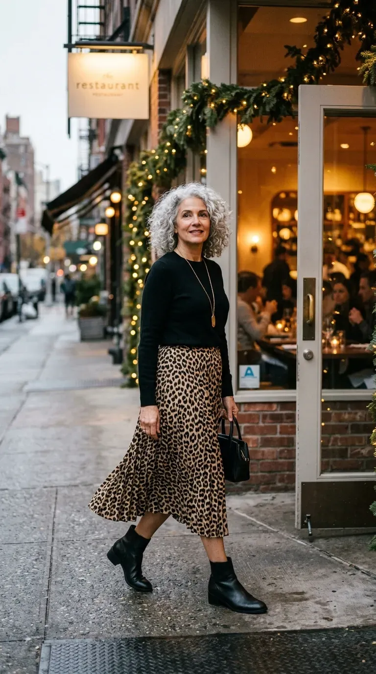 Woman over 50 in leopard midi skirt and black sweater at a Christmas date night