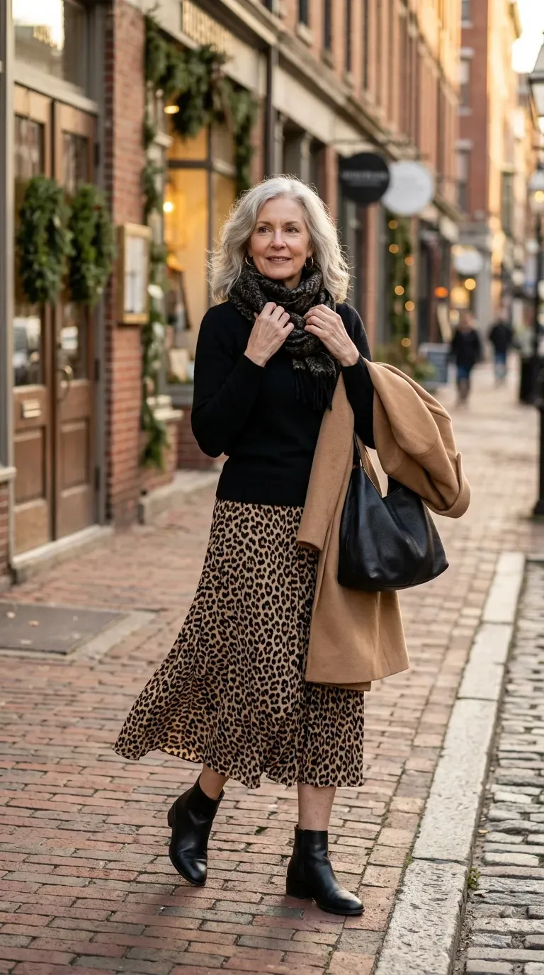 Woman in leopard print midi skirt and black knit sweater adjusting her scarf on a street