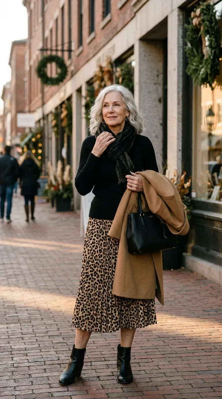 White woman in a leopard print midi skirt and black knit adjusting her scarf on a street