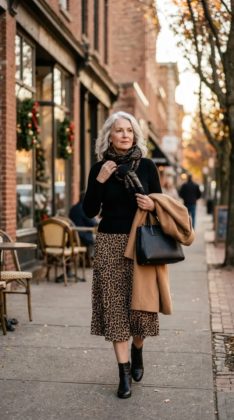 Woman in leopard print midi skirt and black knit sweater with boots on an autumn street