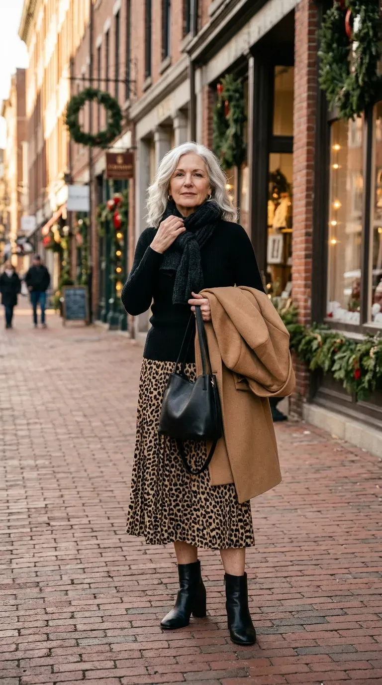 White woman in a leopard print midi skirt and black knit adjusting her scarf on a brick street