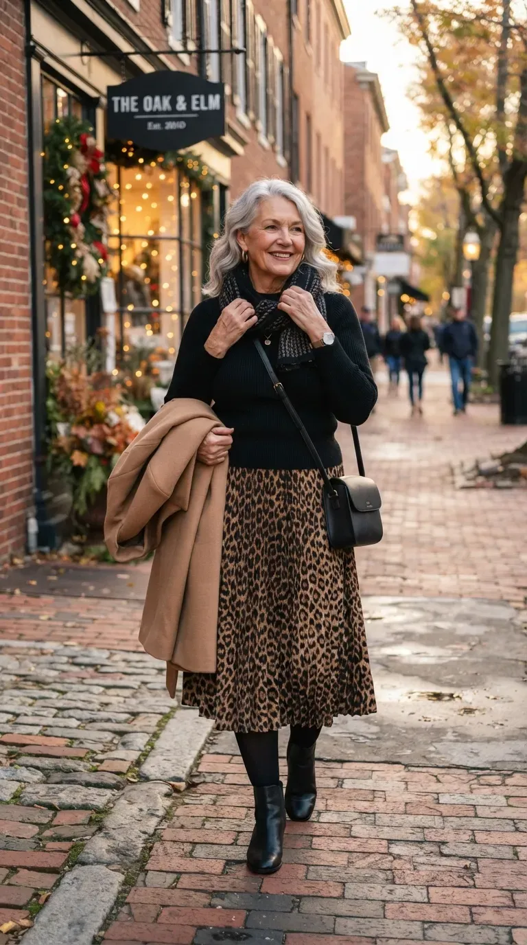 White plus-size woman in a leopard midi skirt and black knit adjusting her scarf on a brick street