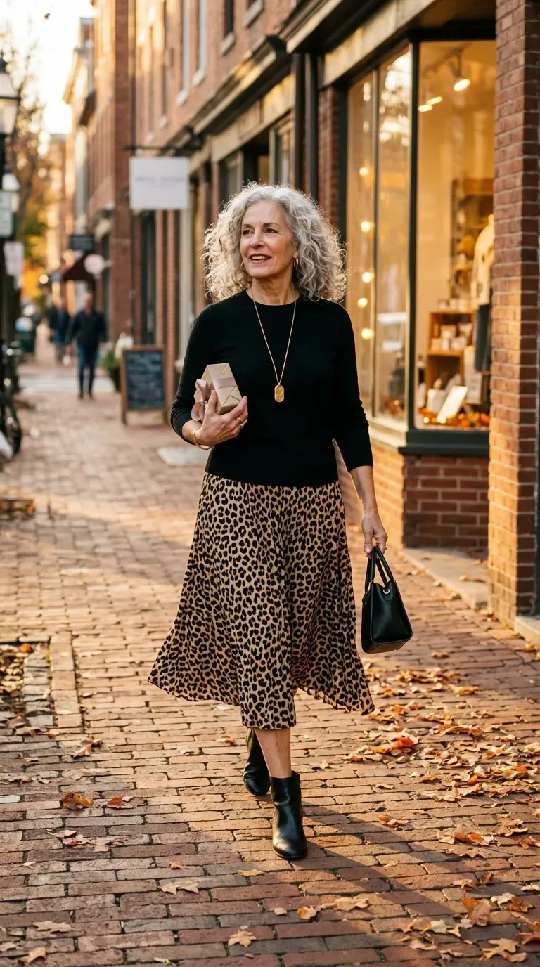 Woman over 50 in leopard midi skirt and black sweater with ankle boots on a brick street