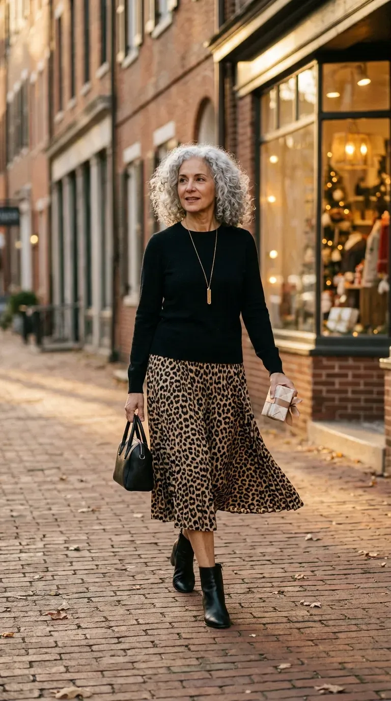 Woman over 50 in leopard midi skirt and black sweater on a brick street