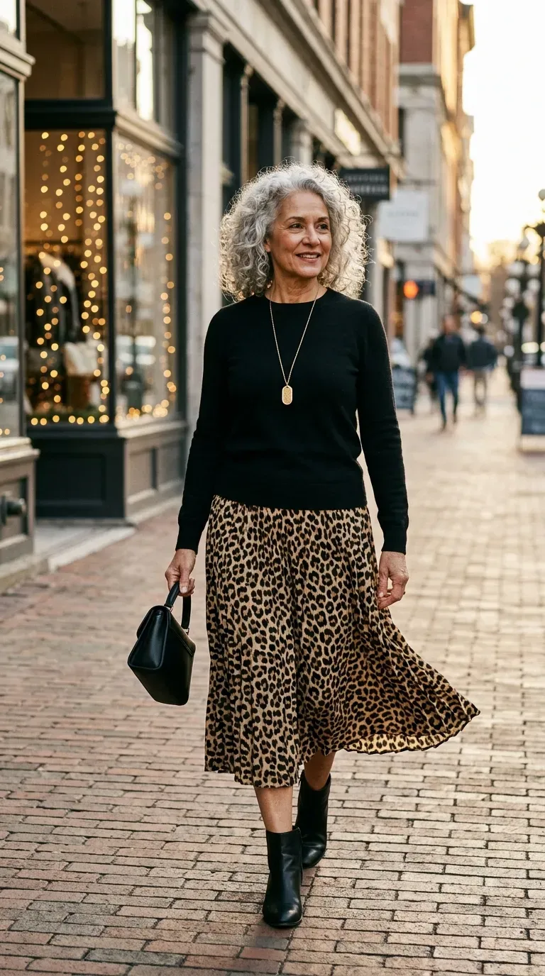 Woman over 50 in leopard midi skirt and black sweater