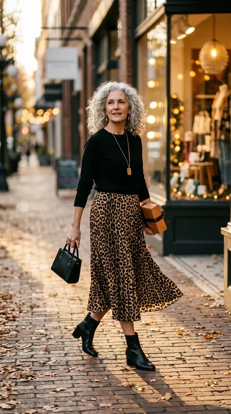 Woman over 50 in leopard midi skirt and black sweater with ankle boots on a brick street