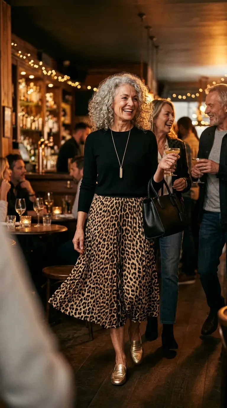 Woman over 50 in leopard midi skirt, black sweater and gold loafers on a girls night out