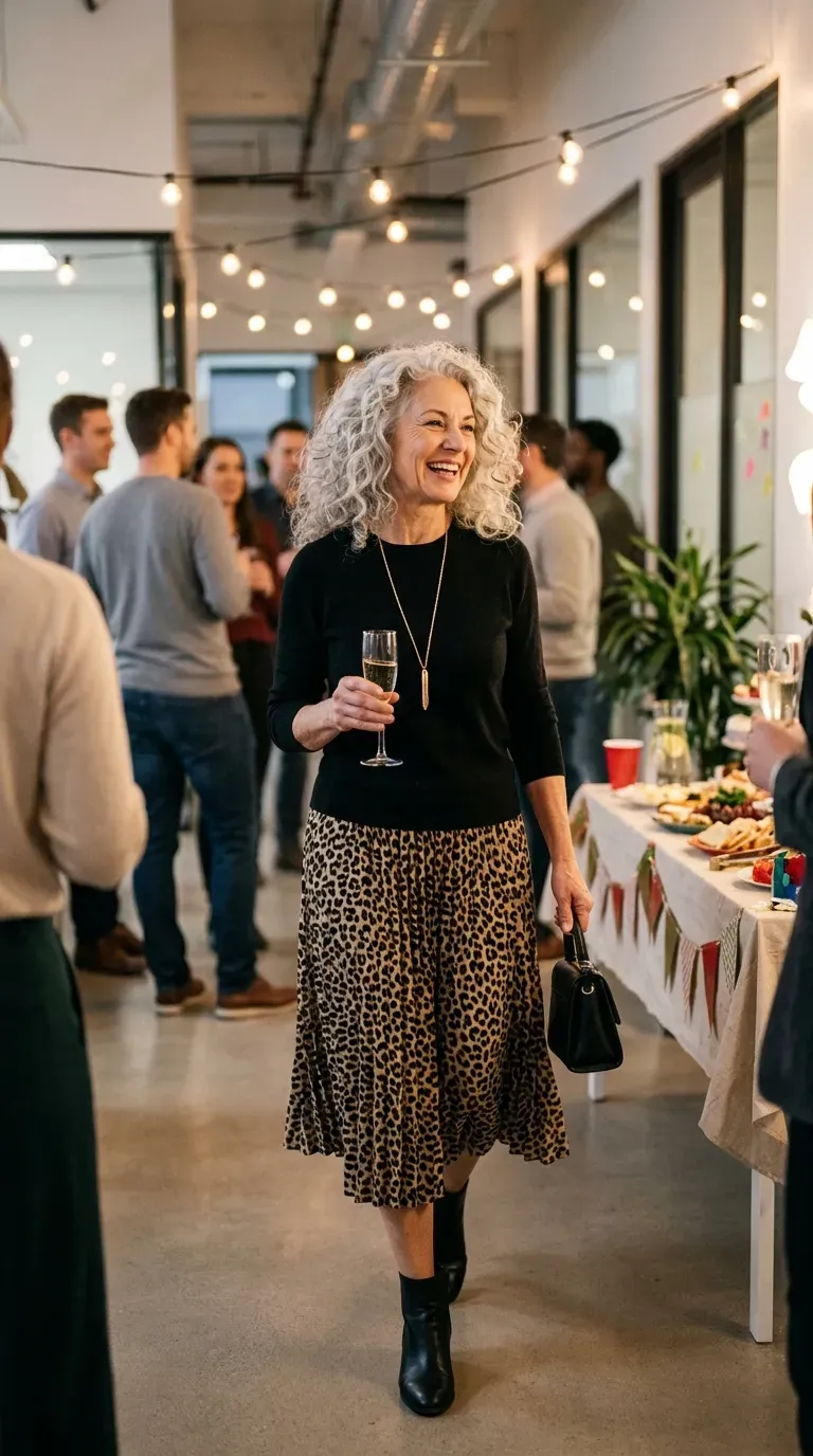 Woman over 50 in leopard midi skirt and black sweater at a work party
