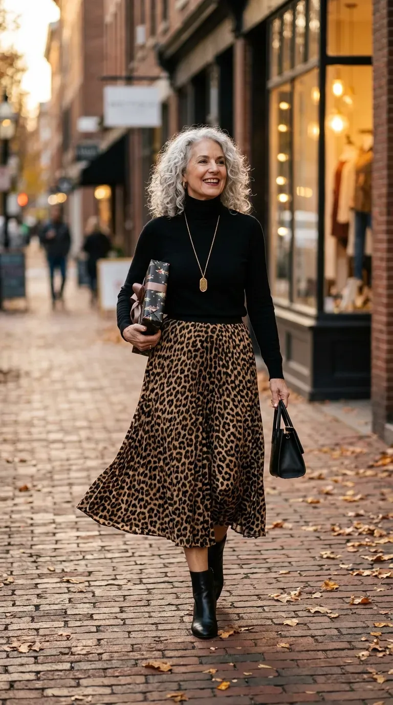 Woman over 50 in leopard midi skirt and black turtleneck on a brick street