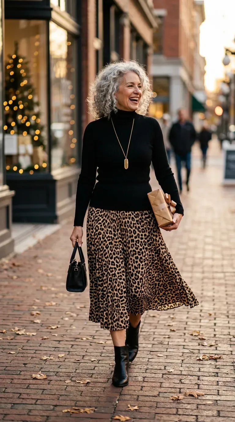 Woman over 50 in leopard midi skirt and black turtleneck with ankle boots on a brick street