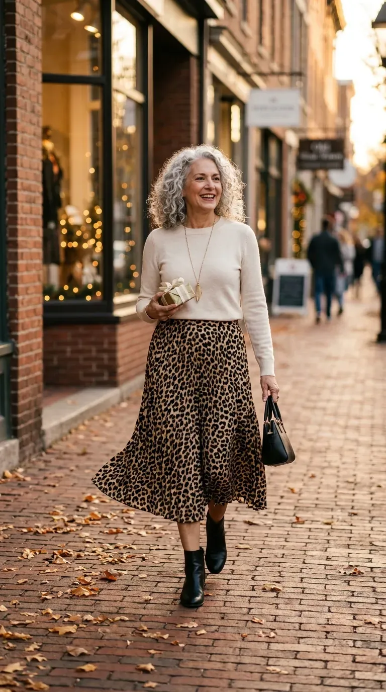 Woman over 50 in leopard midi skirt and cream sweater on a brick street
