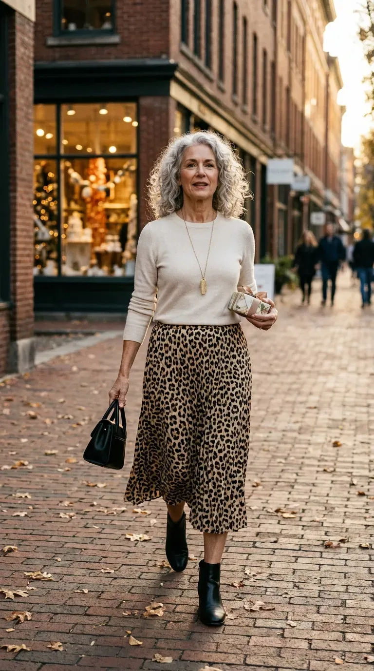 Woman over 50 in leopard midi skirt and cream sweater on a brick street
