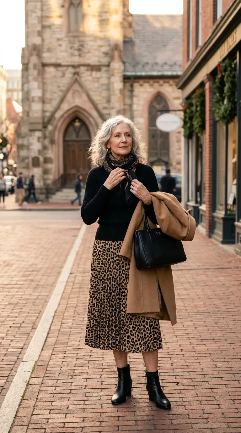 White woman in leopard pleated midi skirt and black knit adjusting her scarf near a church