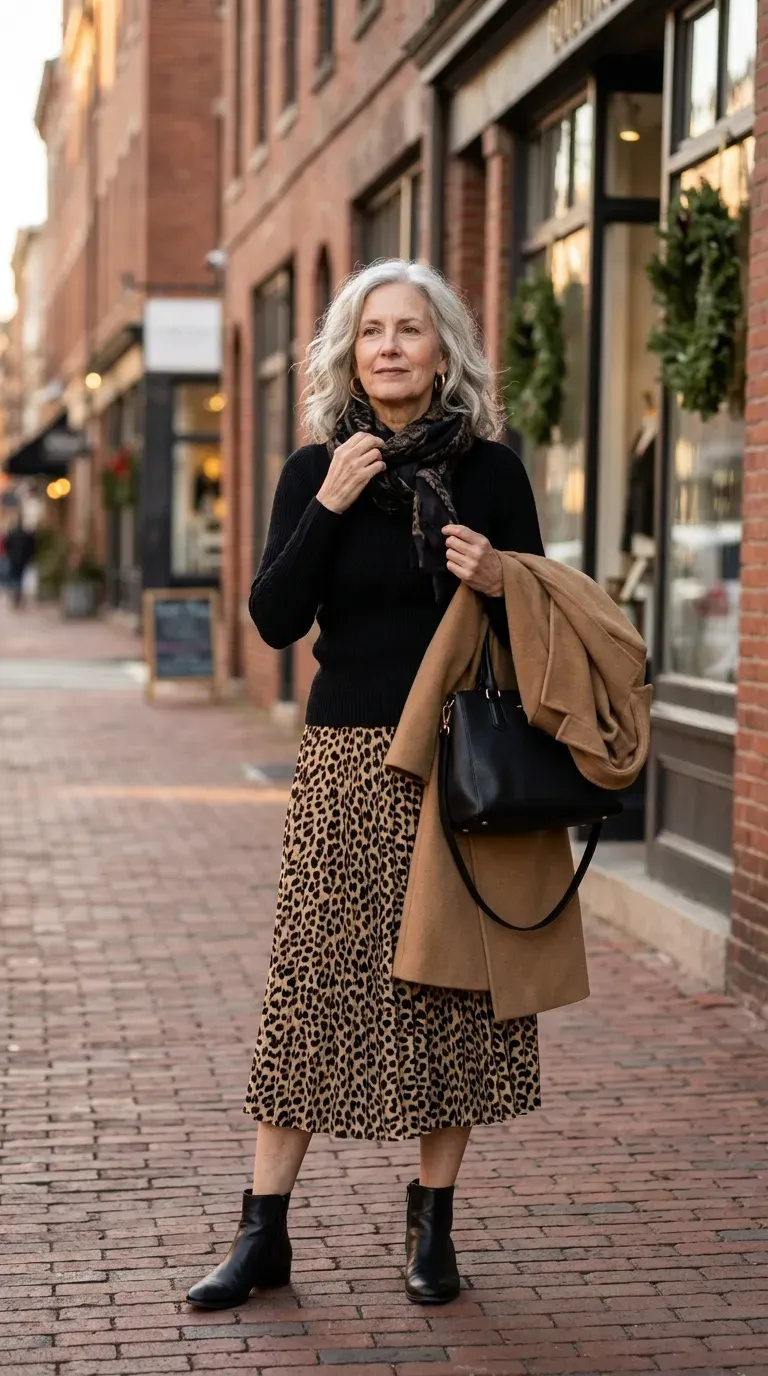 White woman in a leopard pleated midi skirt and black knit adjusting her scarf on a brick street