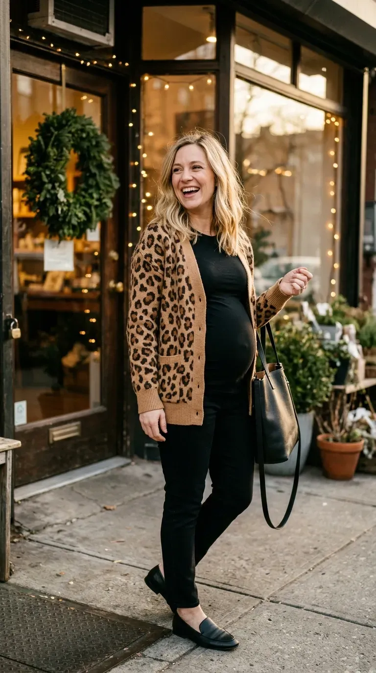Pregnant woman in leopard print cardigan and black maternity jeans outside a holiday shop