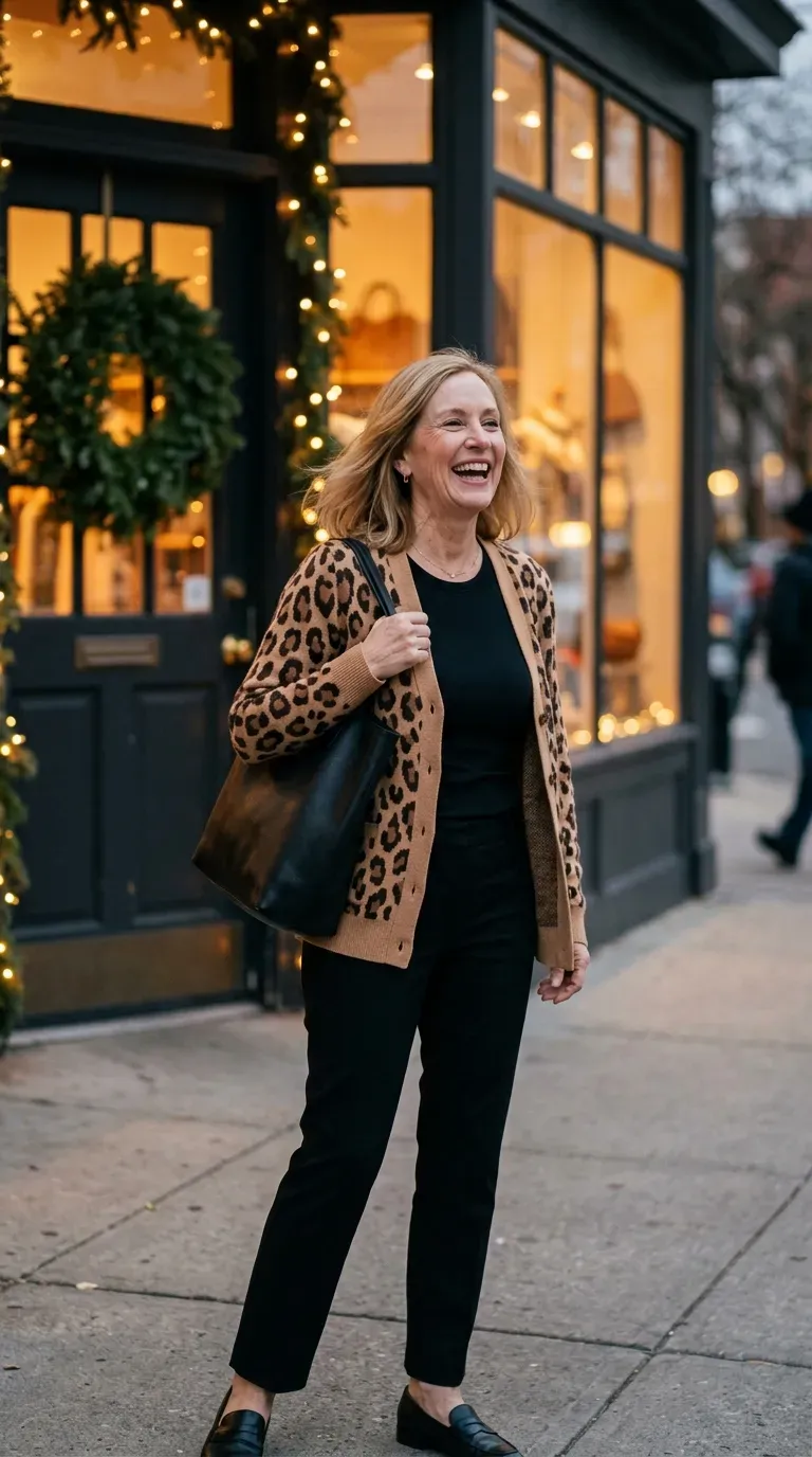 Woman over 50 in leopard print cardigan and black trousers outside a holiday boutique