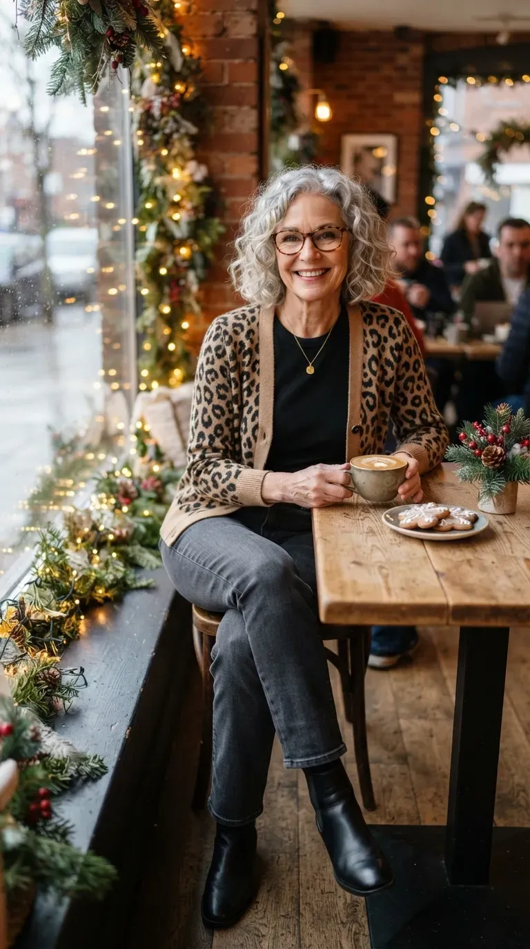 Woman over 50 in a leopard print cardigan and dark gray jeans in a cafe with Christmas lights