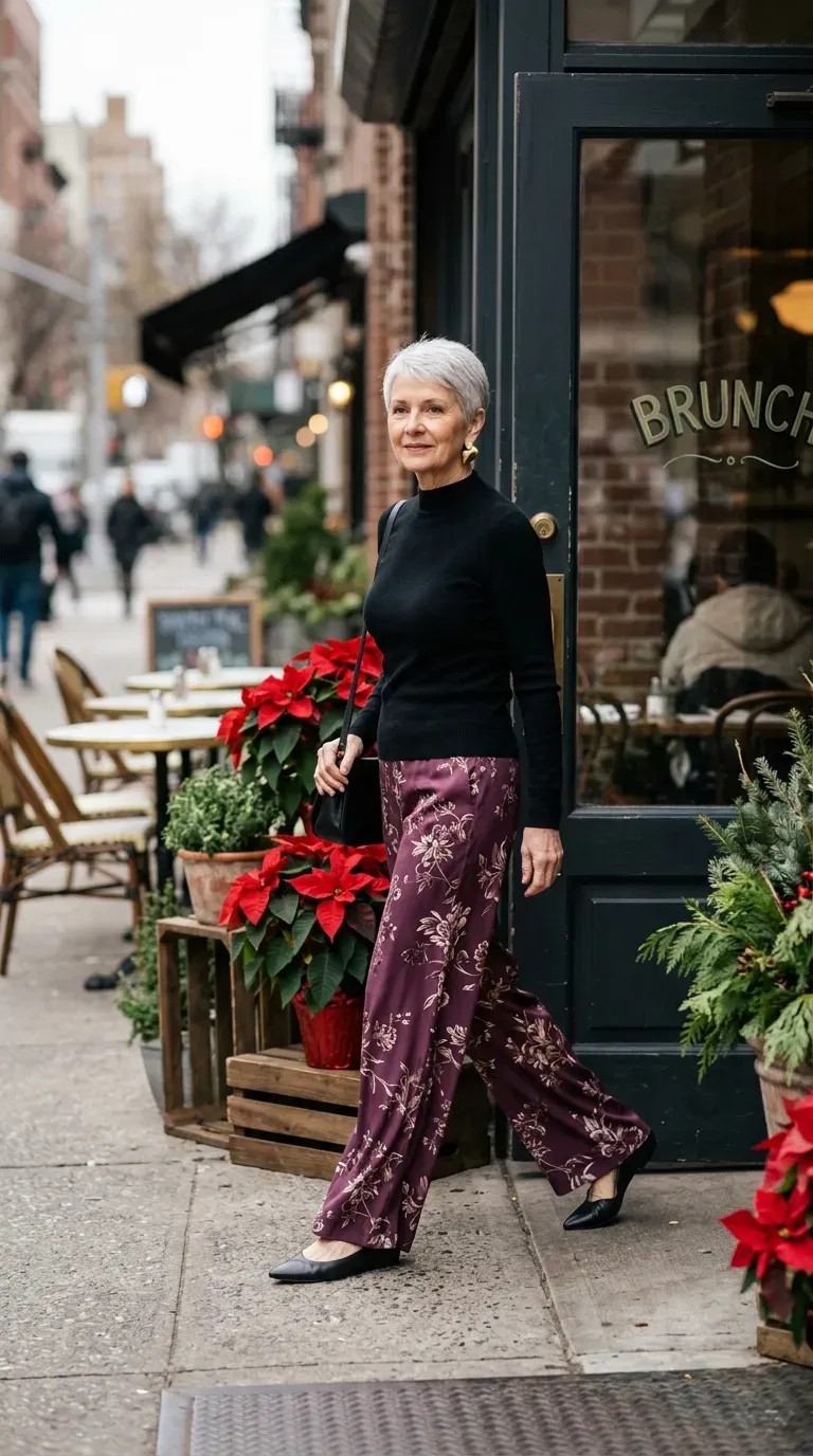 Woman over 50 in leopard print cardigan and dark jeans outside a holiday shop